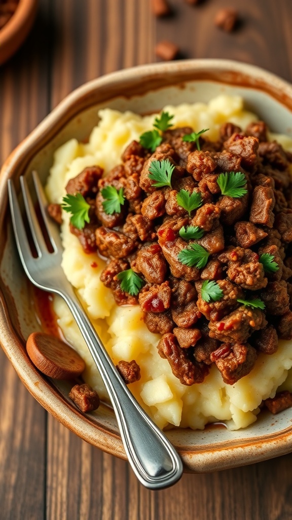Savory mashed meat with ground beef and creamy mashed potatoes, garnished with parsley in a rustic bowl.